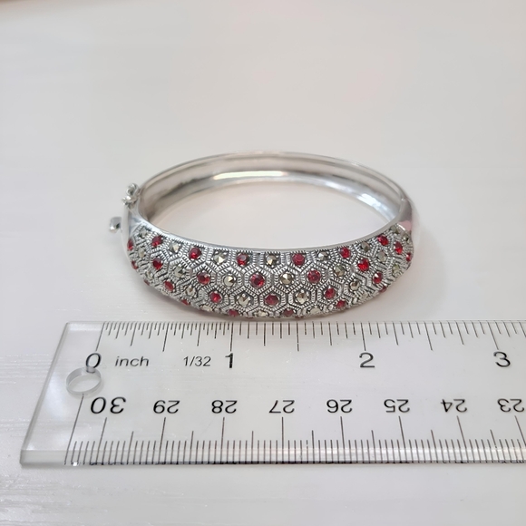 1930's Art Deco Sterling Silver Red Paste Rhinestone Marcasite Hinged Bracelet - Picture 4 of 16